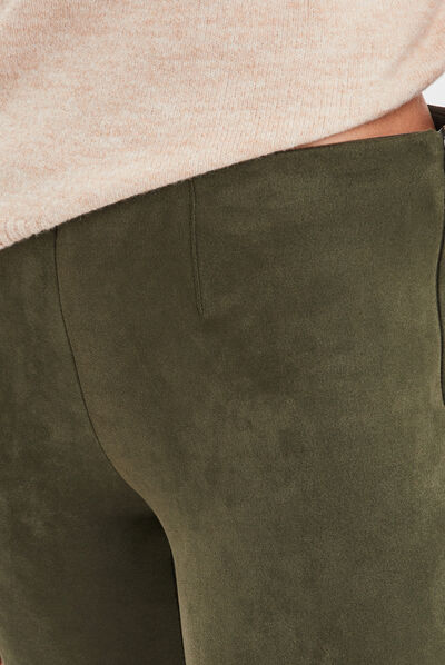 Pantalon suédine slim taille élastiquée vert kaki femme