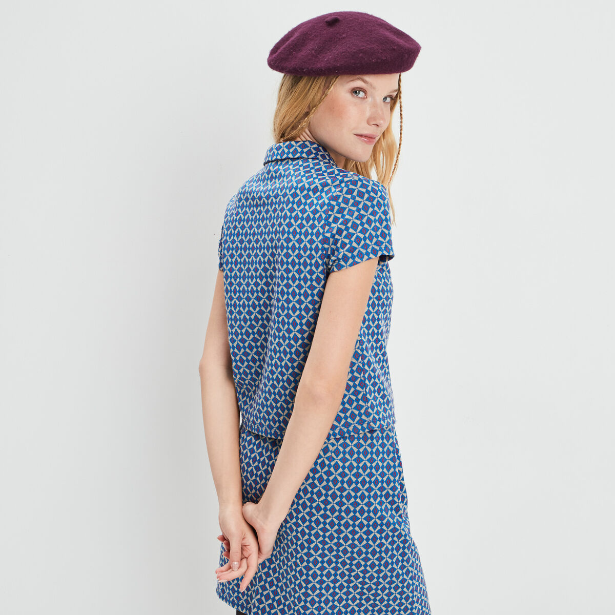 T-shirt cropped jacquard manches courtes bleu femme