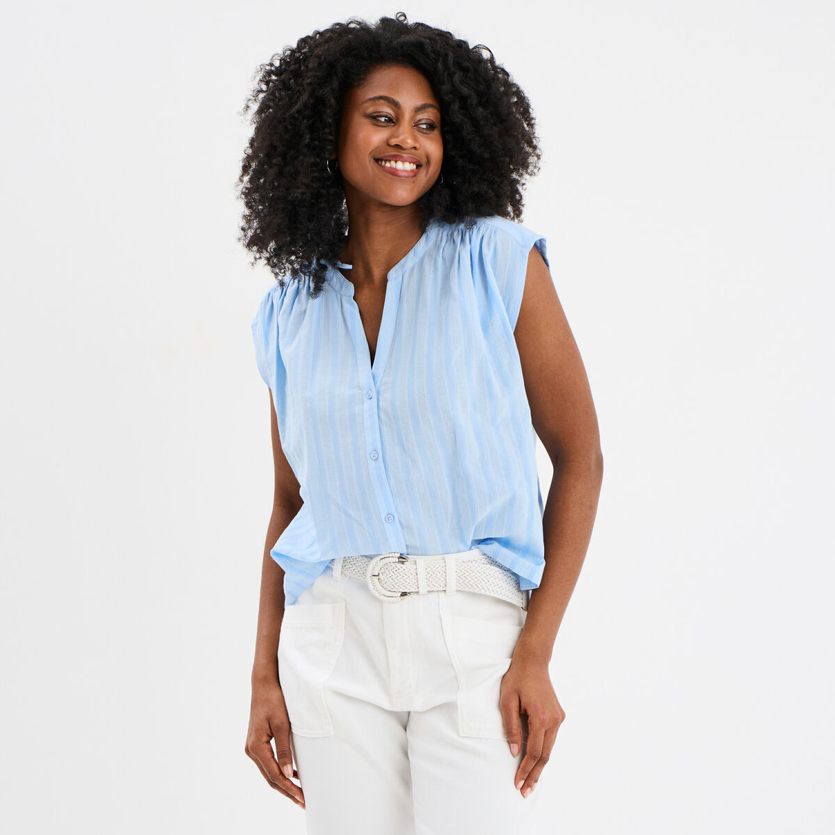 Blouse sans manches col tunisien coton bleu ciel femme