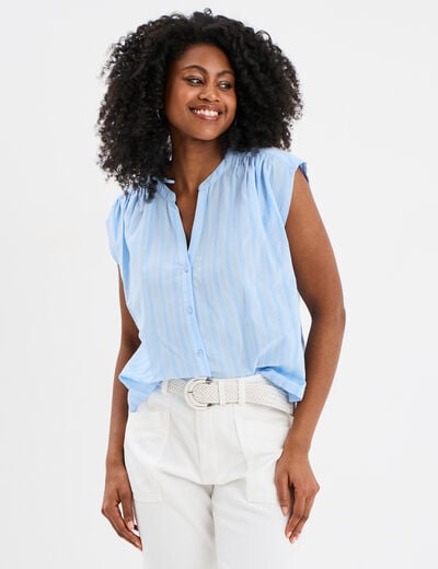 Blouse sans manches col tunisien coton bleu ciel femme