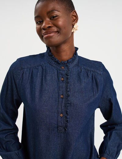 Blouse en jean col montant &agrave; volants denim brut femme