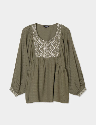 Blouse brodée manches ballons vert kaki femme