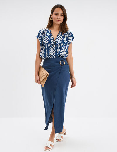 Blouse cr&eacute;pon manches courtes bleu marine femme