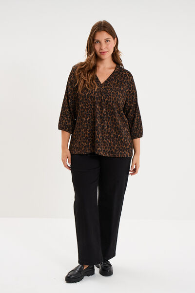 Blouse oversize manches 3/4 et col en V vert kaki femme grande taille