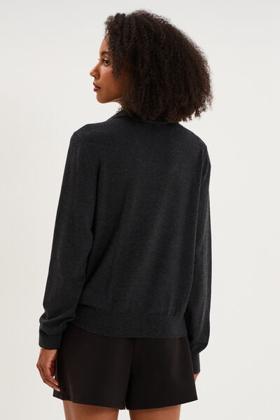 Pull fin col &eacute;charpe manches longues gris fonc&eacute; femme