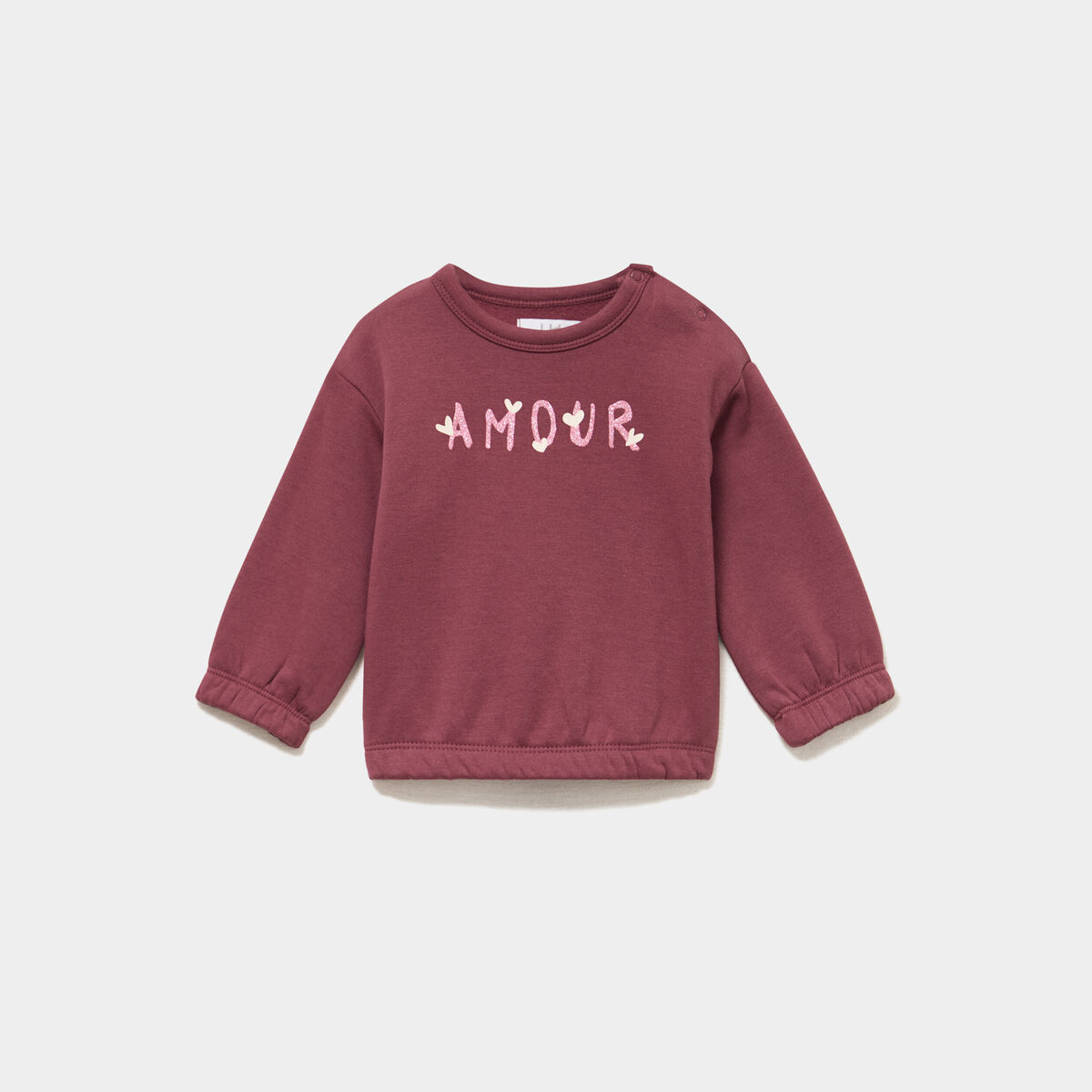 Sweat molletonn&eacute; boutons &eacute;paules bordeaux b&eacute;b&eacute; fille