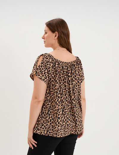 T-shirt gaufr&eacute; avec manches &agrave; noeuds beige clair femme grande taille