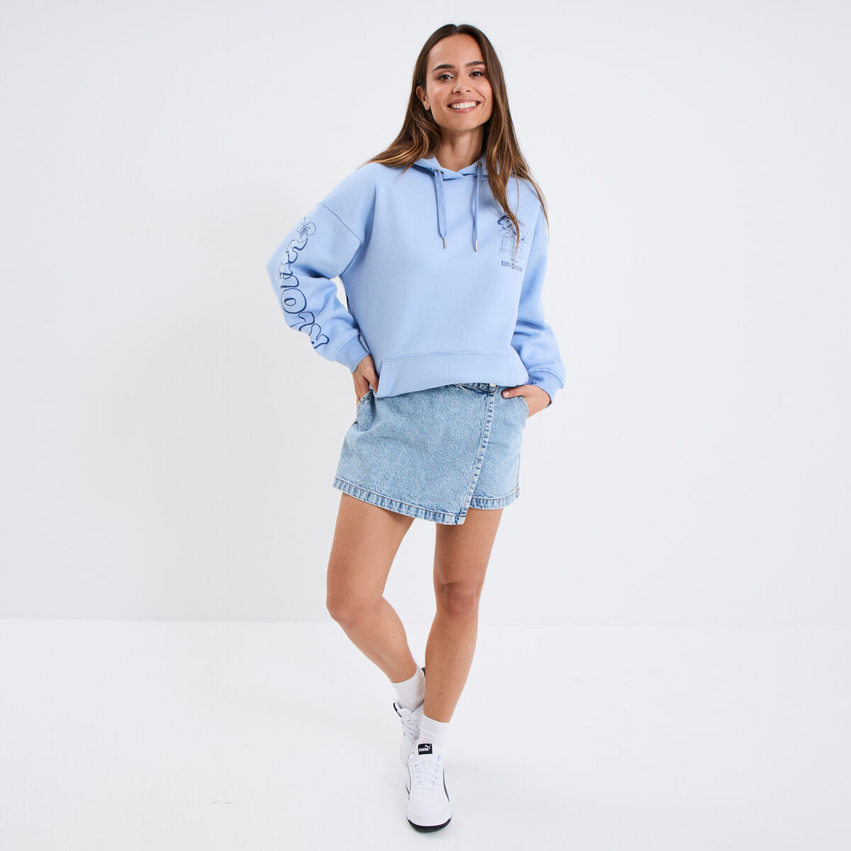 Sweat hoodie &agrave; capuche Stitch Lilo bleu ciel femme