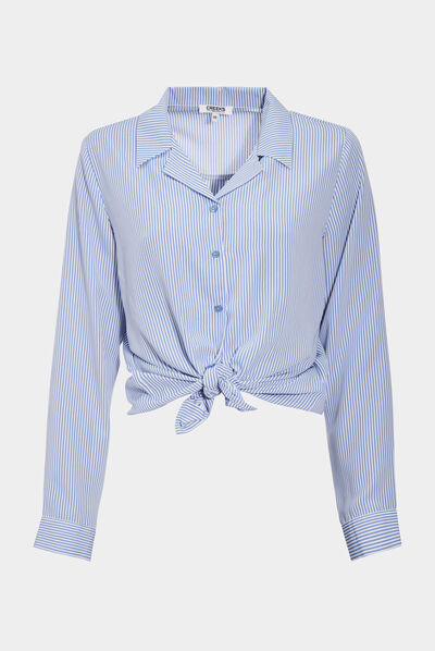 Chemise cropped manches longues nouée bleu ciel femme