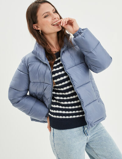 Doudoune col montant zippée bleu gris femme