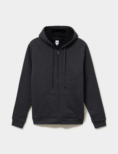 Sweat zipp&eacute; doublure effet sherpa gris fonc&eacute; homme