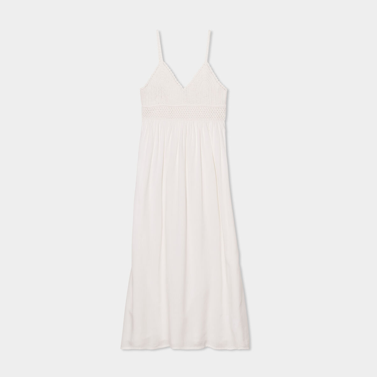 Robe longue évasée buste macramé blanc femme