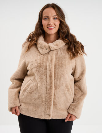 Manteau fausse fourrure col montant beige femme grande taille