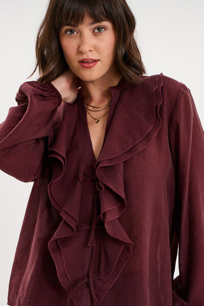 Blouse manches longues col V &agrave; volants violet fonc&eacute; femme