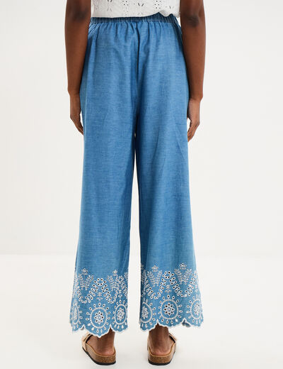 Pantalon avec broderie taille haute denim double stone femme