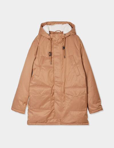 Parka mi-longue doublée à capuche taupe homme