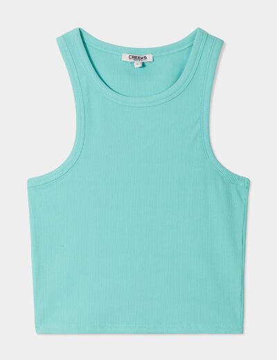 Débardeur côtelé encolure américaine bleu turquoise femme