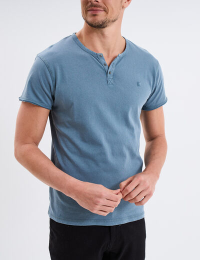 T-shirt col tunisien manches courtes bleu gris homme