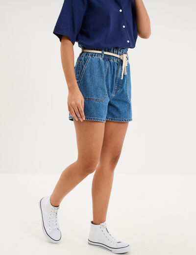Short mom en jean ceinture cordon denim stone femme