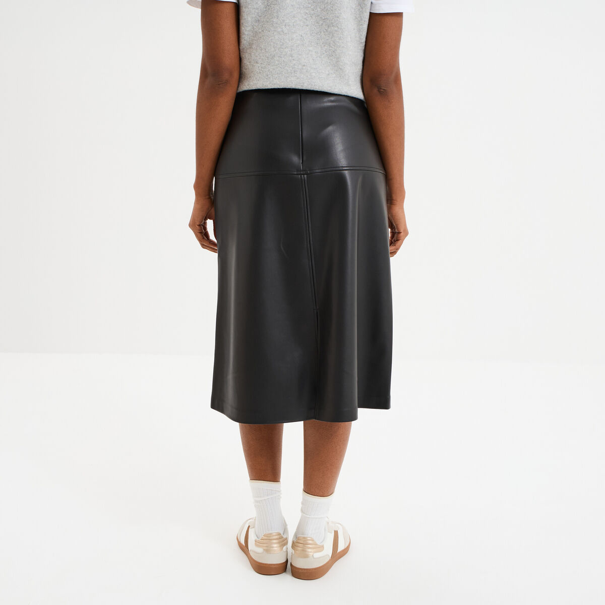 Jupe longue simili cuir trap&egrave;ze noir femme
