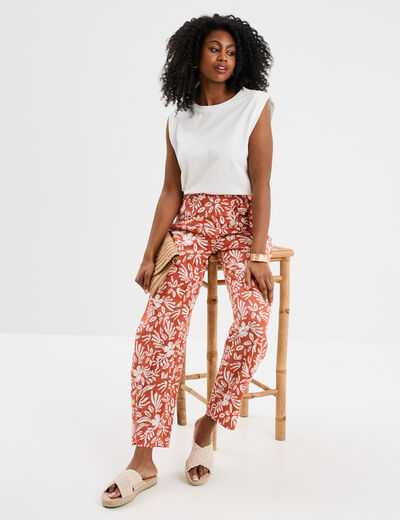 Pantalon avec pan noué mélange lin terracotta femme