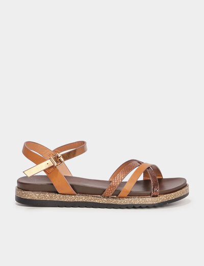 Sandales plates avec brides crois&eacute;es marron femme