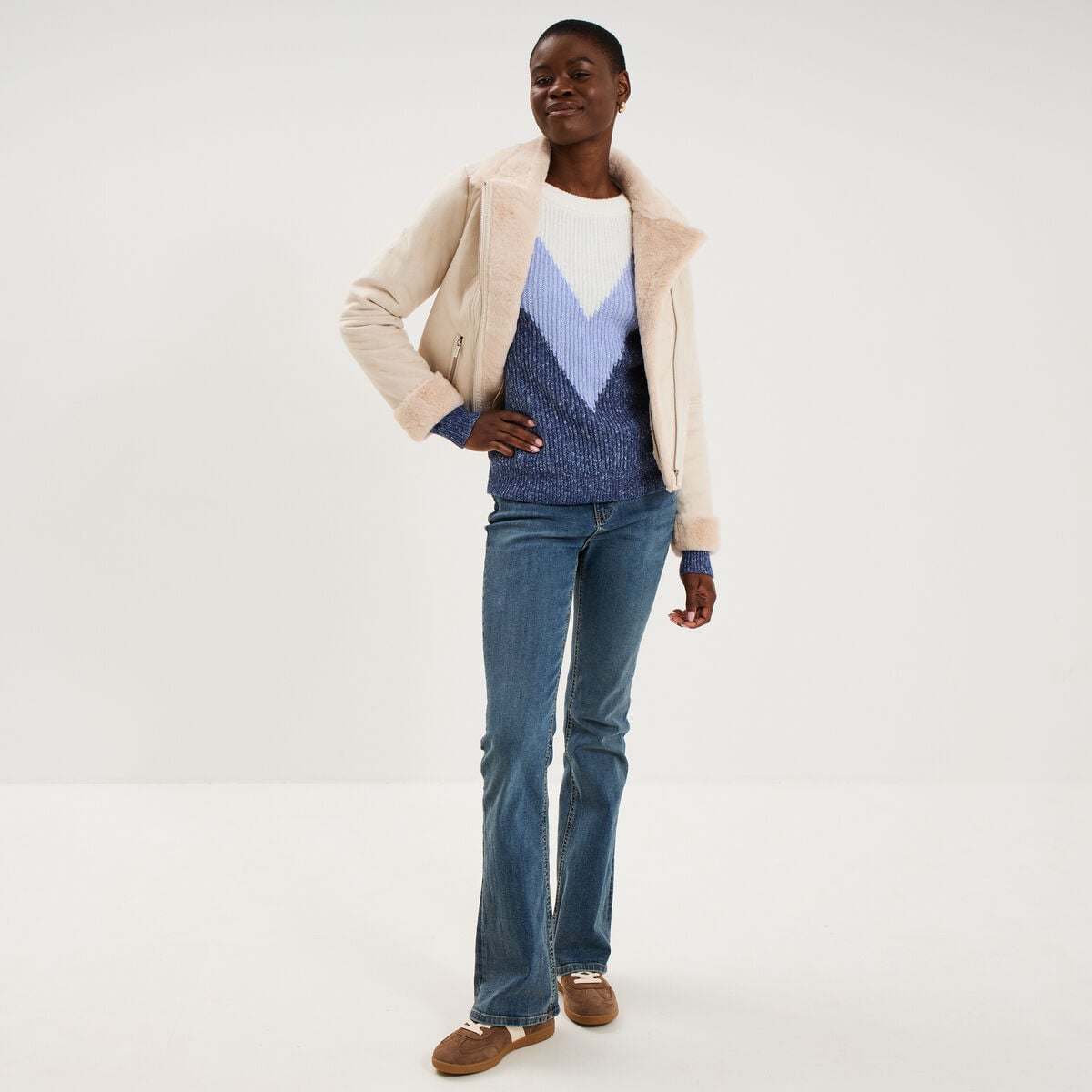 Pull manches longues col rond bleu femme