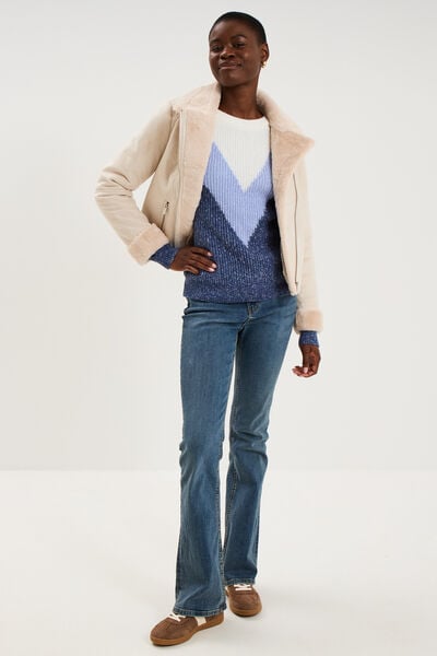 Pull manches longues col rond bleu femme