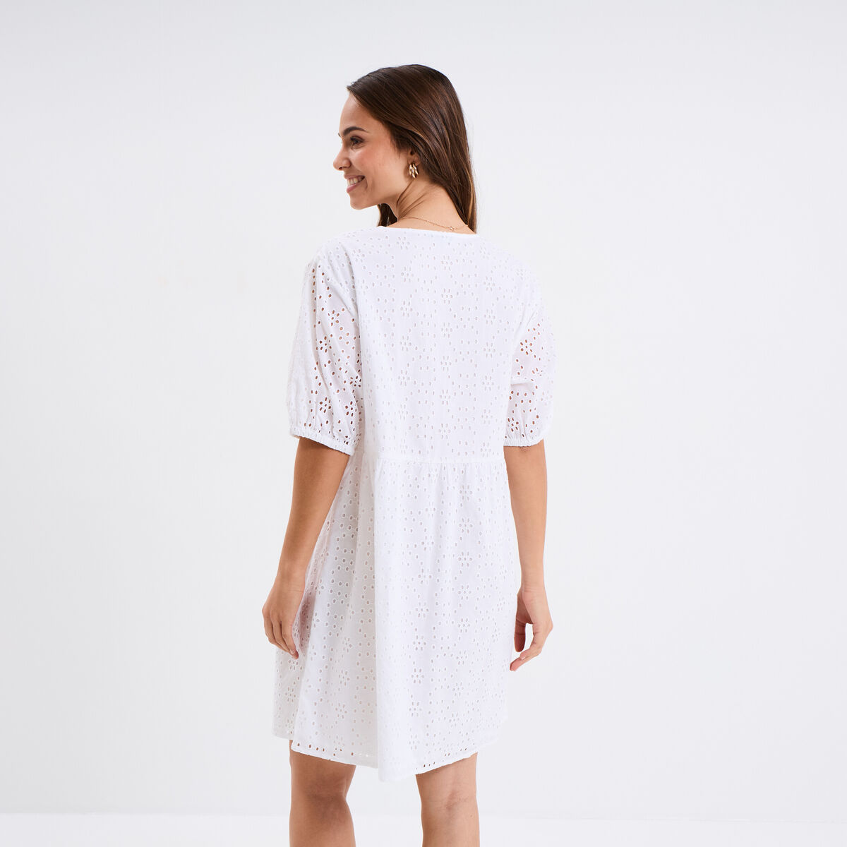 Robe broderie anglaise manches 3/4 blanc femme