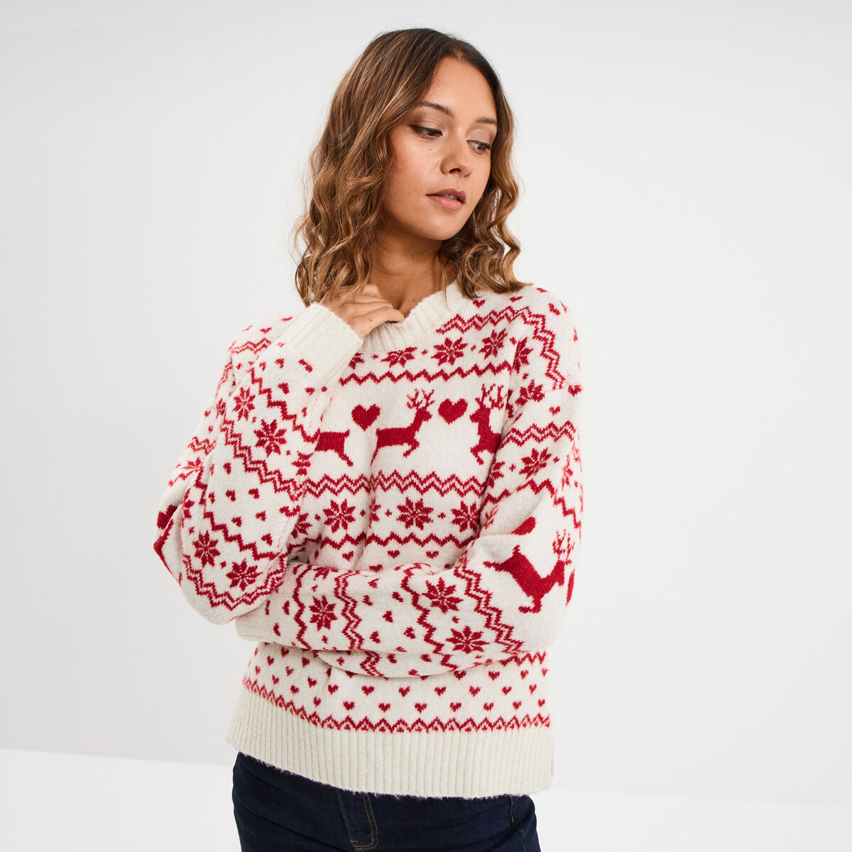 Pull de No&euml;l manches longues ecru femme
