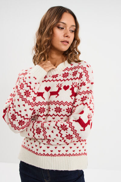 Pull de No&euml;l manches longues ecru femme