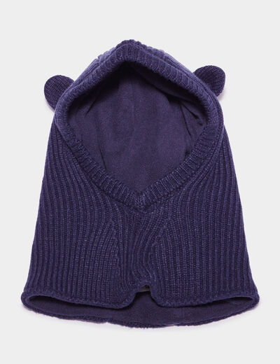 Cagoule tricotée doublure polaire bleu marine bébé garçon