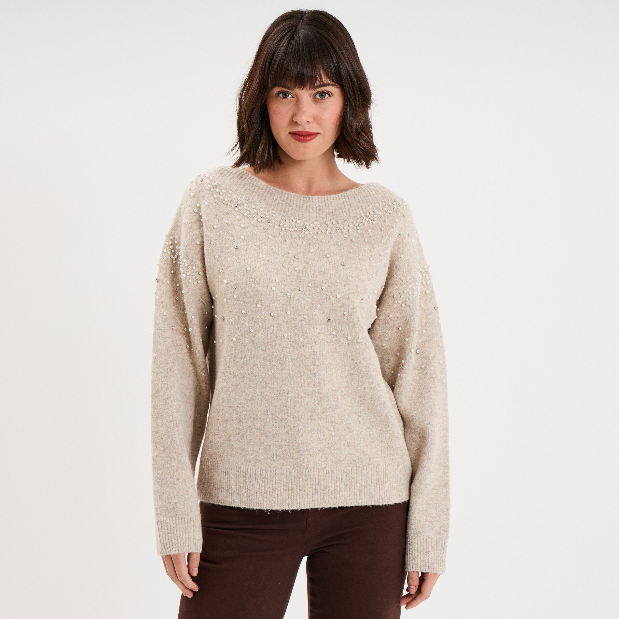 Pull perles et strass manches longues ecru femme