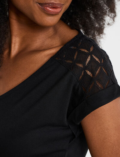 T-shirt col en V dentelle épaules et dos noir femme