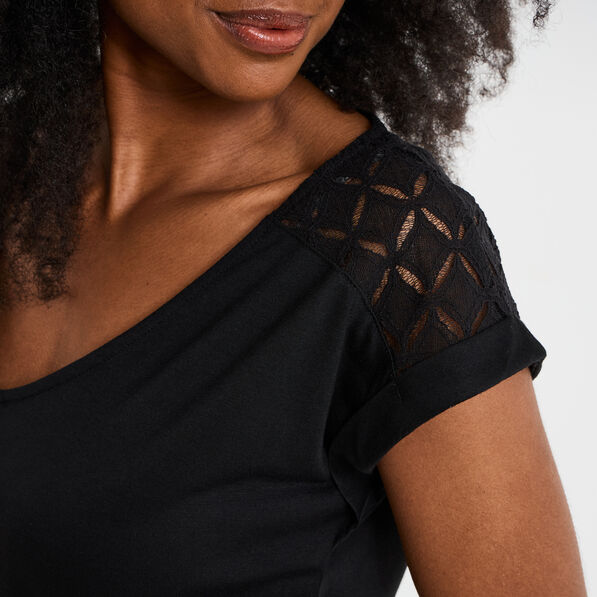 T-shirt col en V dentelle épaules et dos noir femme