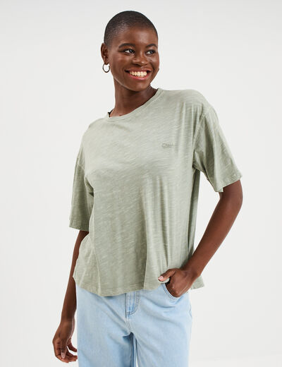T-shirt col rond manches courtes coton vert clair femme