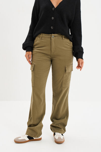 Pantalon cargo droit vert kaki femme