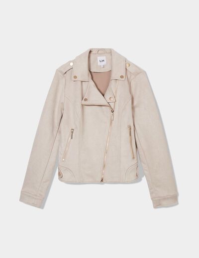 Veste courte esprit biker effet suédine beige femme