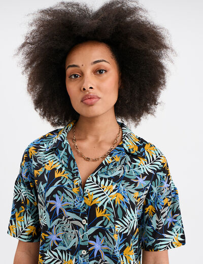 Chemise col cubain manches courtes noir femme