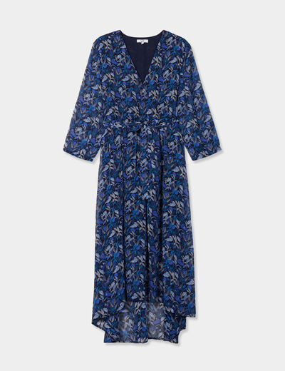 Robe midi col cache-coeur fluide bleu femme