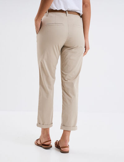 Pantalon chino 7/8ème ceinture tressée beige femme