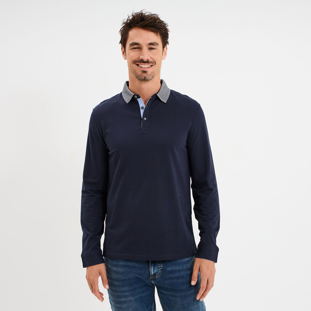 Polo manches longues coton majoritaire bleu marine homme