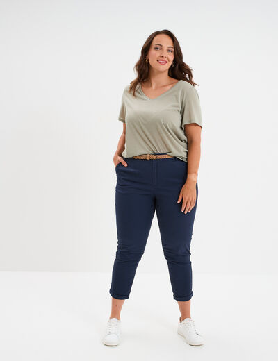 Pantalon chino cigarette ceinturé coton bleu marine femme grande taille