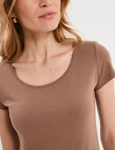 T-shirt coton col rond manches courtes marron clair femme