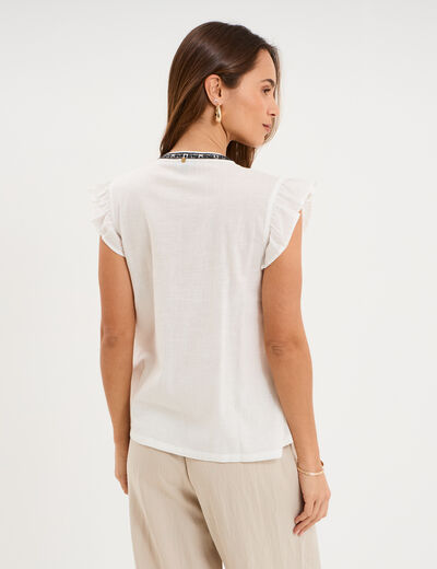 Blouse brod&eacute;e &agrave; volants coton blanc femme