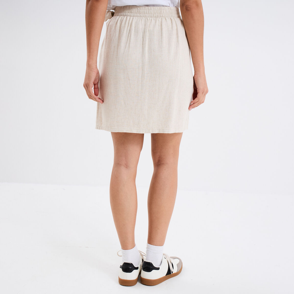 Jupe courte portefeuille mélange lin beige femme