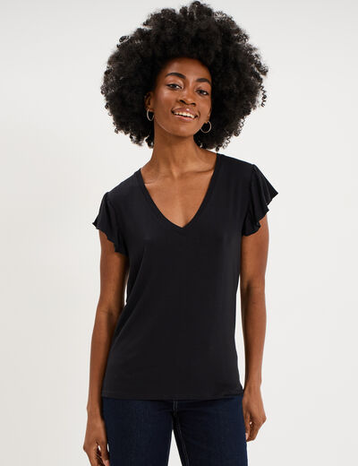 T-shirt droit manches courtes &agrave; volants noir femme