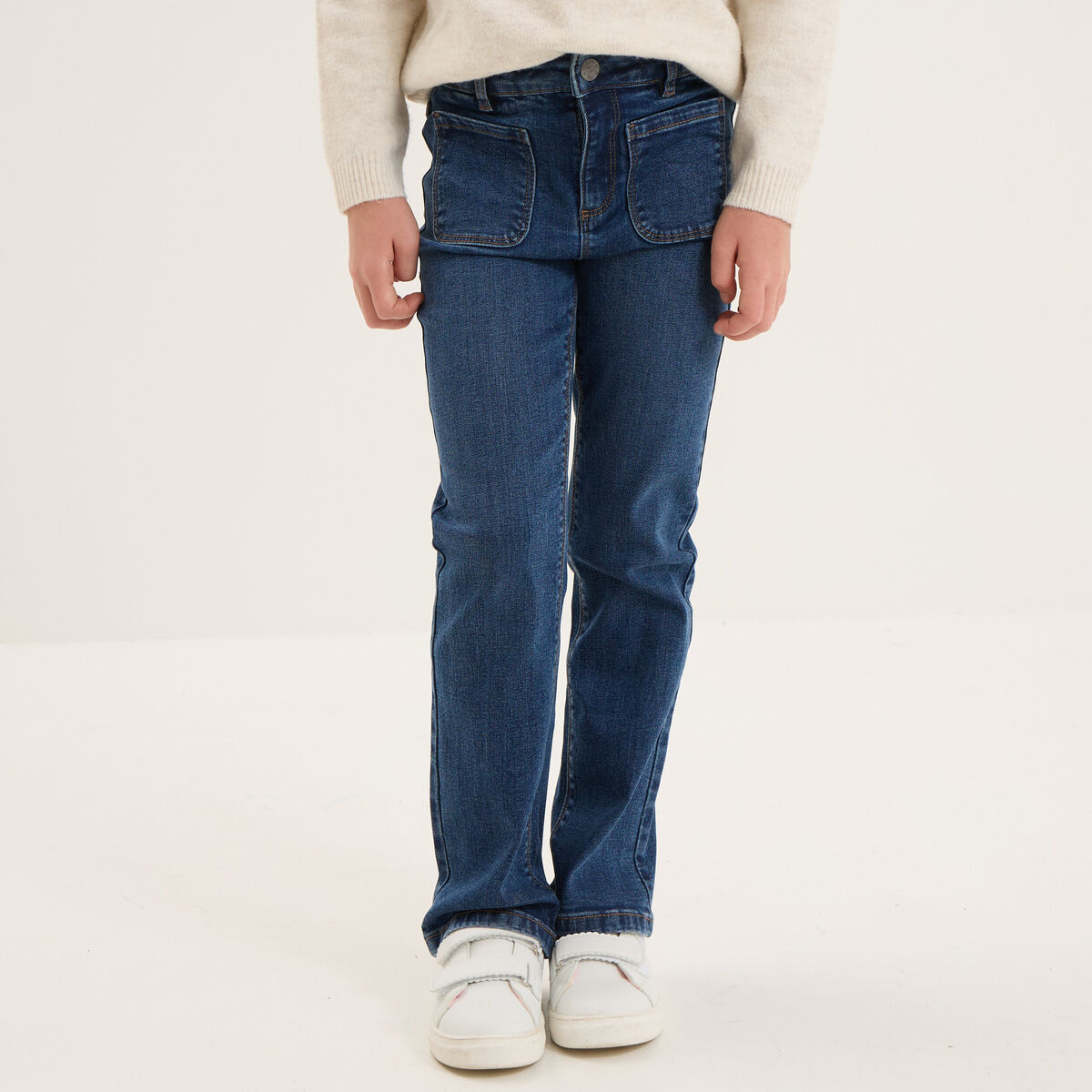 Jean flare poches plaqu&eacute;es bleu fonc&eacute; fille