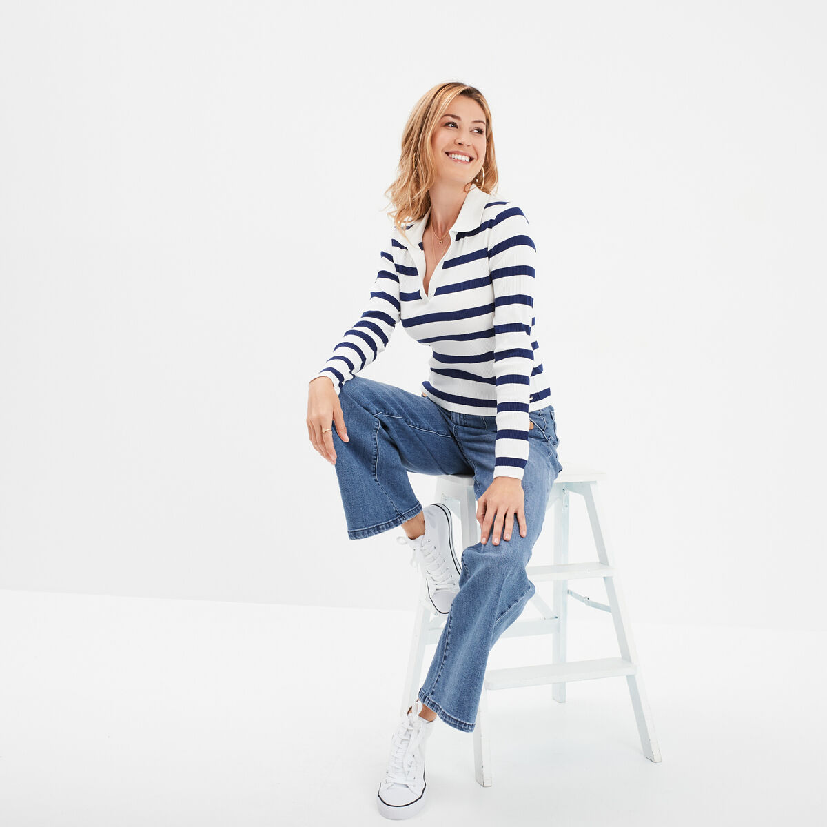 T-shirt col polo manches longues Creeks blanc femme