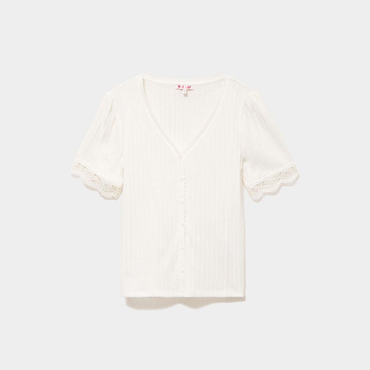 Blouse manches courtes col V dentelle blanc femme